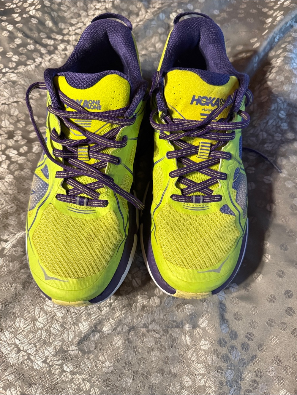 Hoka One One Neon Yellow and Purple Trail Running Shoes